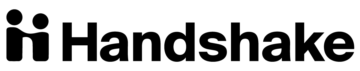 the logo for handshake, which black text that reads "handshake" and an icon of two people