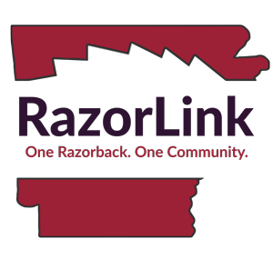 the logo for razorlink, which is a red shape of the state of arkansas with the words "razorlink, one razorback, one community" through the middle