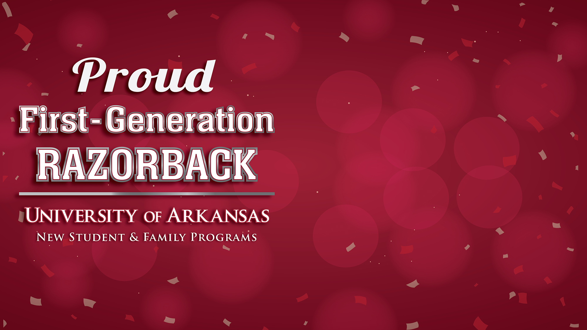 Red zoom background with text reading "proud first-generation razorback"