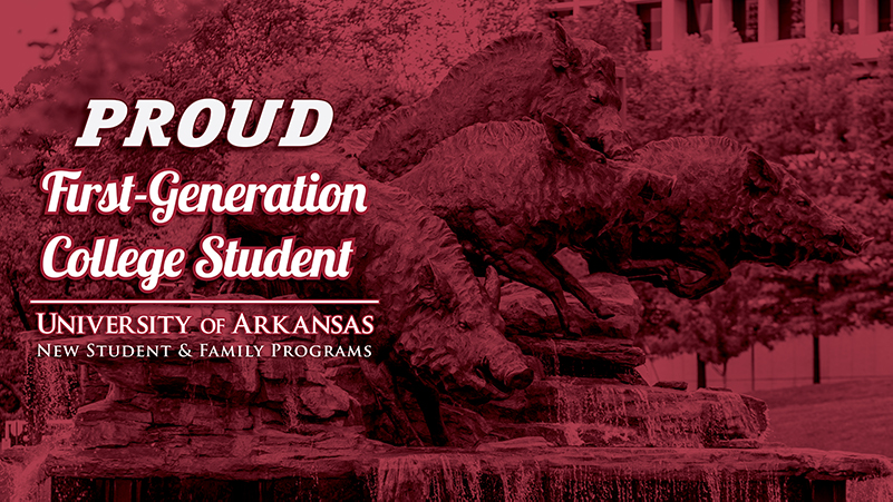Zoom background with the hog statue and text that reads "proud first generation college student"