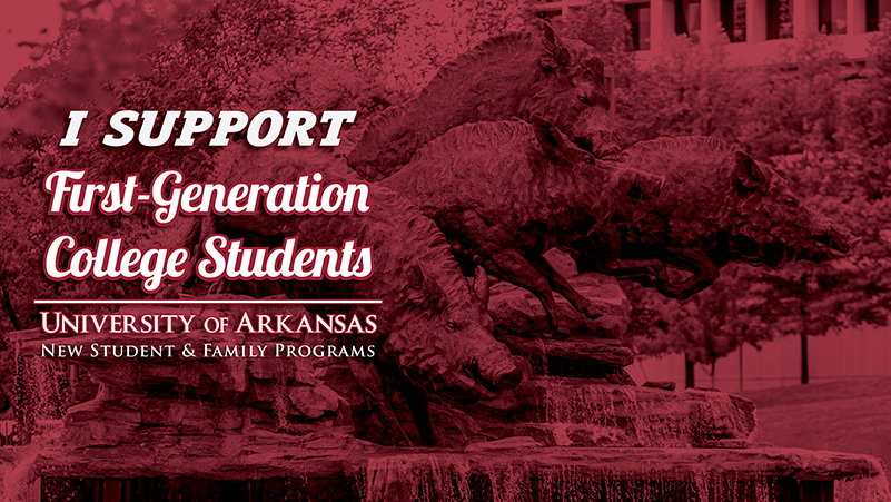 Zoom background with the hog statue and text that reads "i support first generation college students