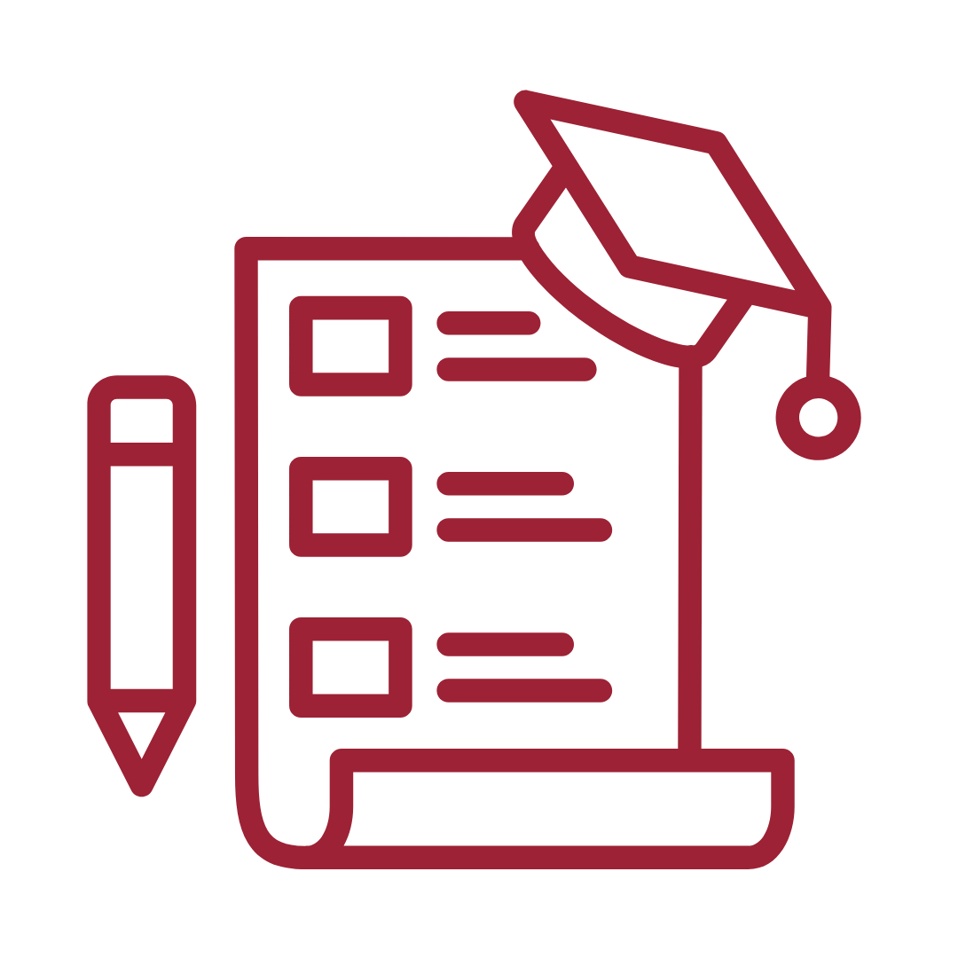 A paper and pencil icon with a graduation cap in the right corner