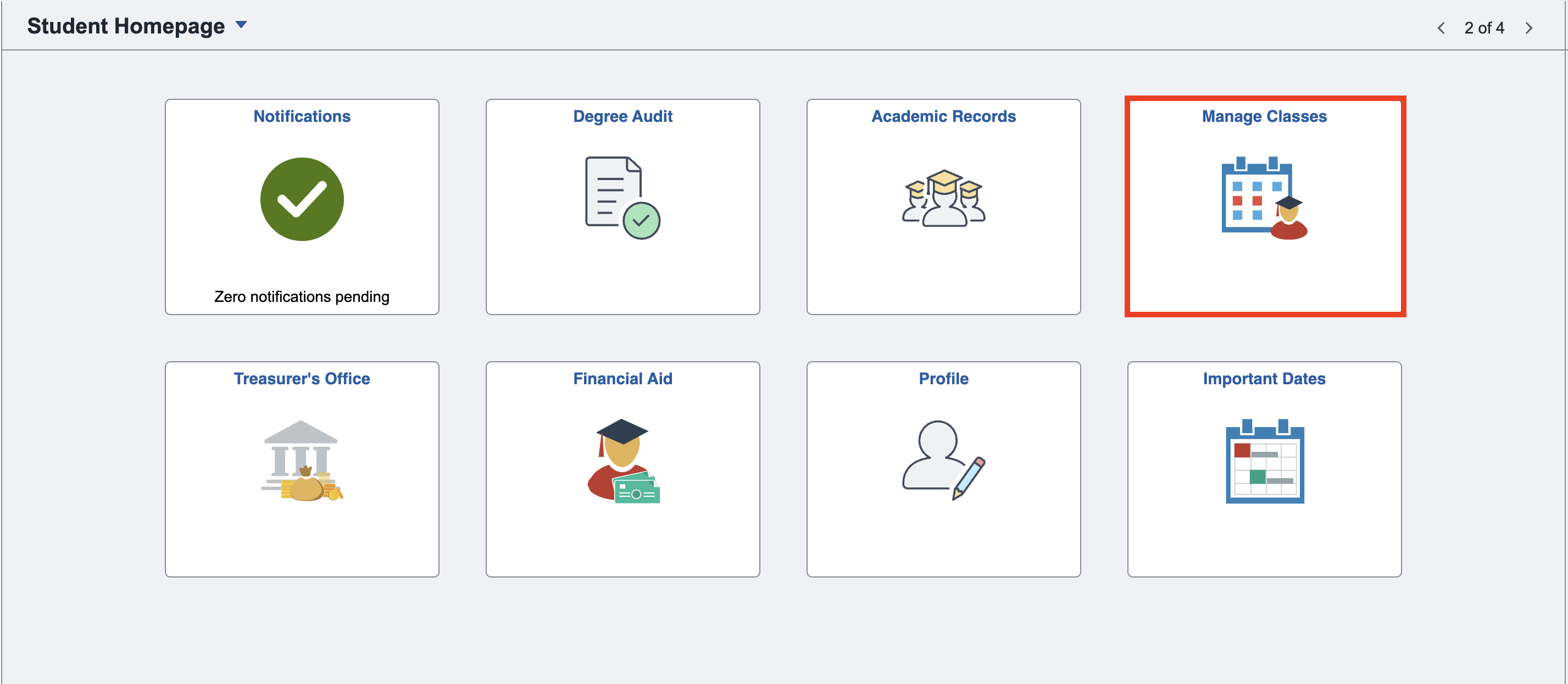 A screenshot of UAConnect, indicating the manage classes tile with a red box