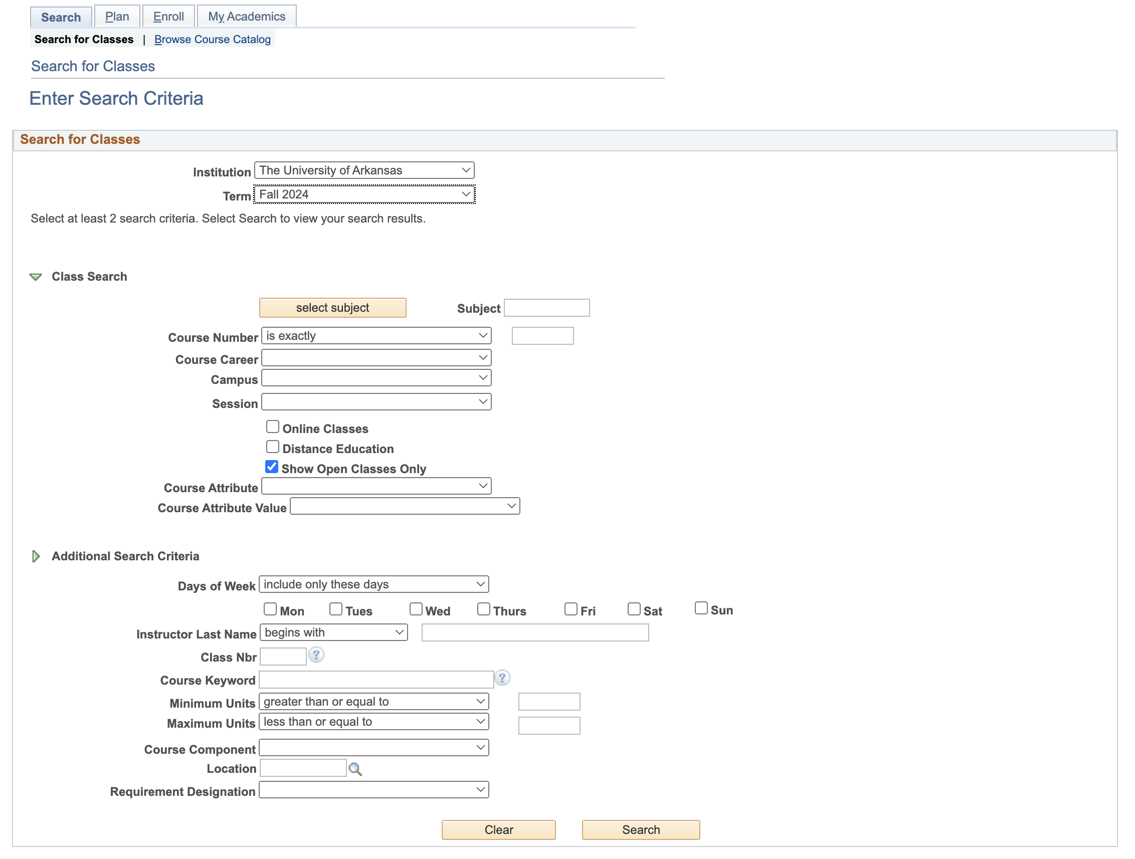 A screenshot of UAConnect indicating the class search feature