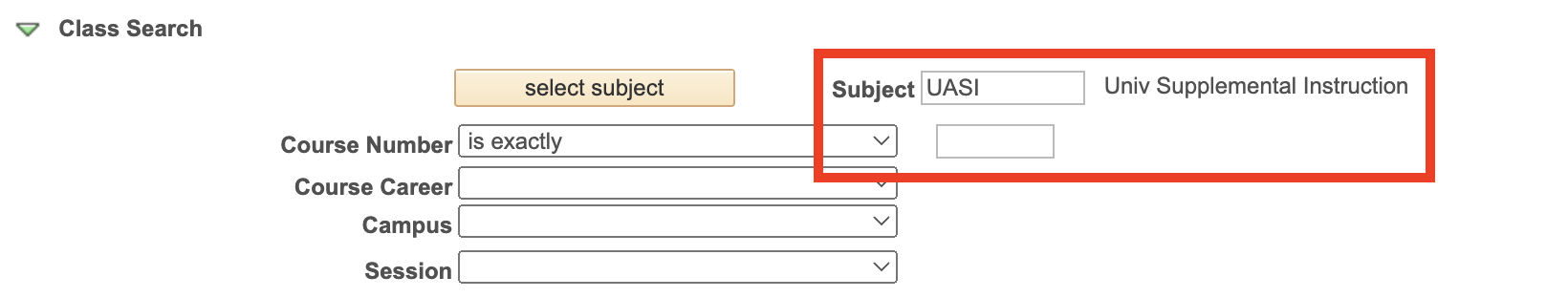 A screenshot of UAConnect's class search feature indicating where to enter UASI and the course number