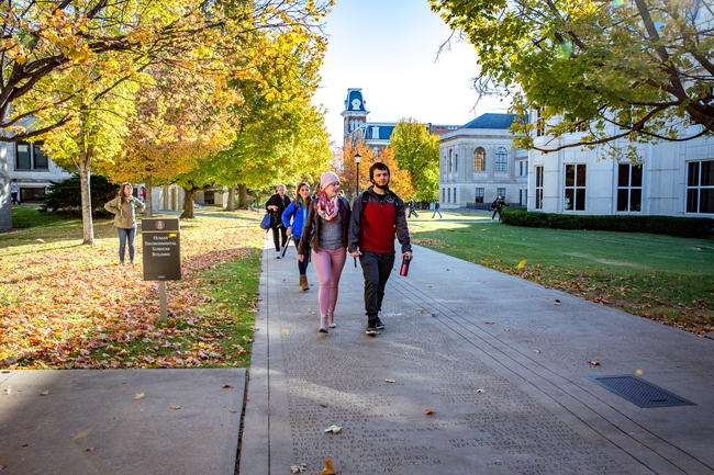 Students walking on a pathway surrounded by trees. The leaves are a mix of green, yellow,and orange.