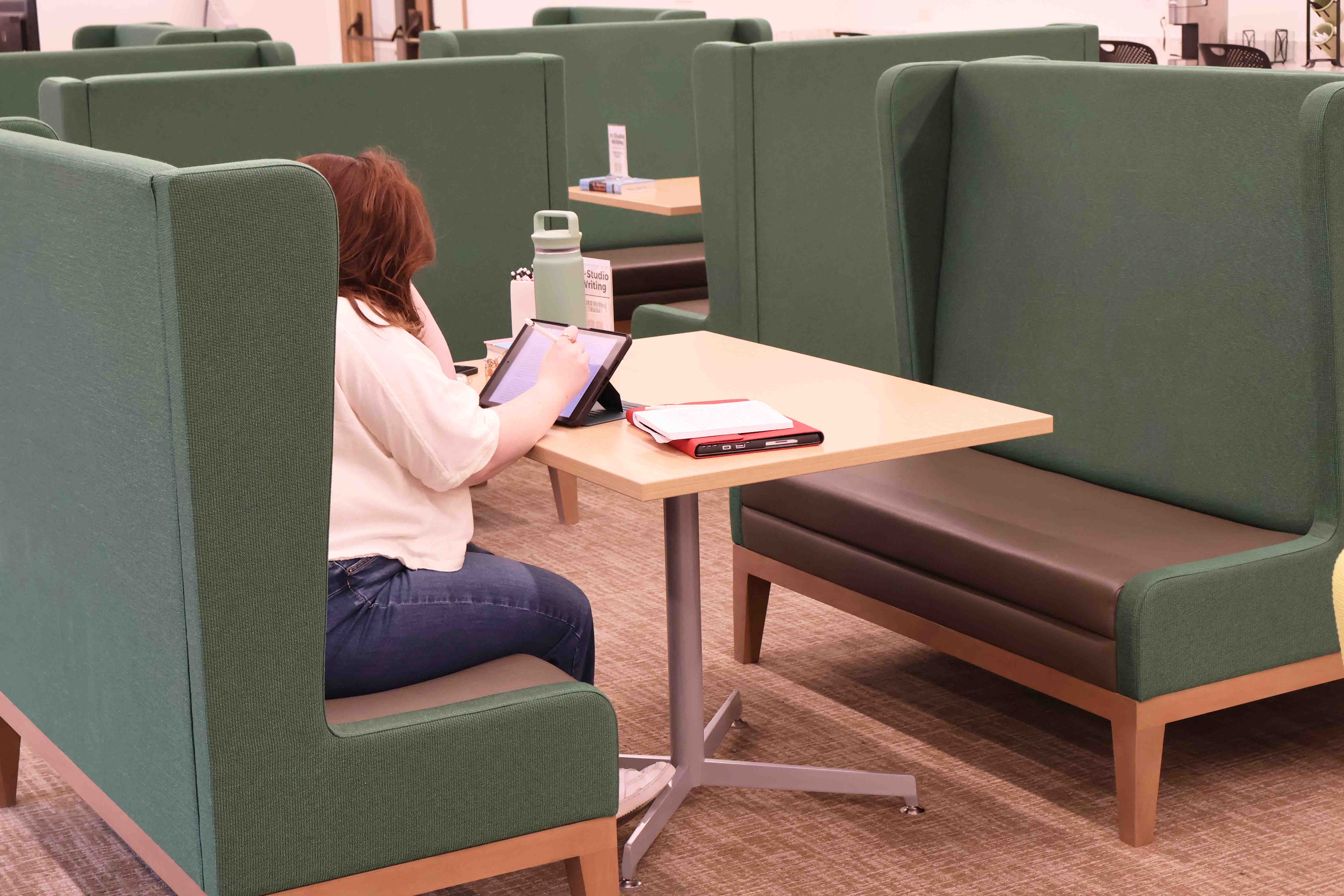 A student works on their ipad on a green couch in the Writing Studio